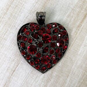 Dark sparkling Red Heart Pendant in Pewter Rhinestones 3D STATEMENT piece